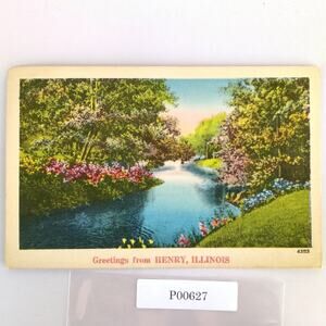 Greetings from Henry Illinois 1940s Linen Postcard Flowers Trees River IL 1946